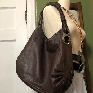 oroton brown pebbled leather hobo bag
